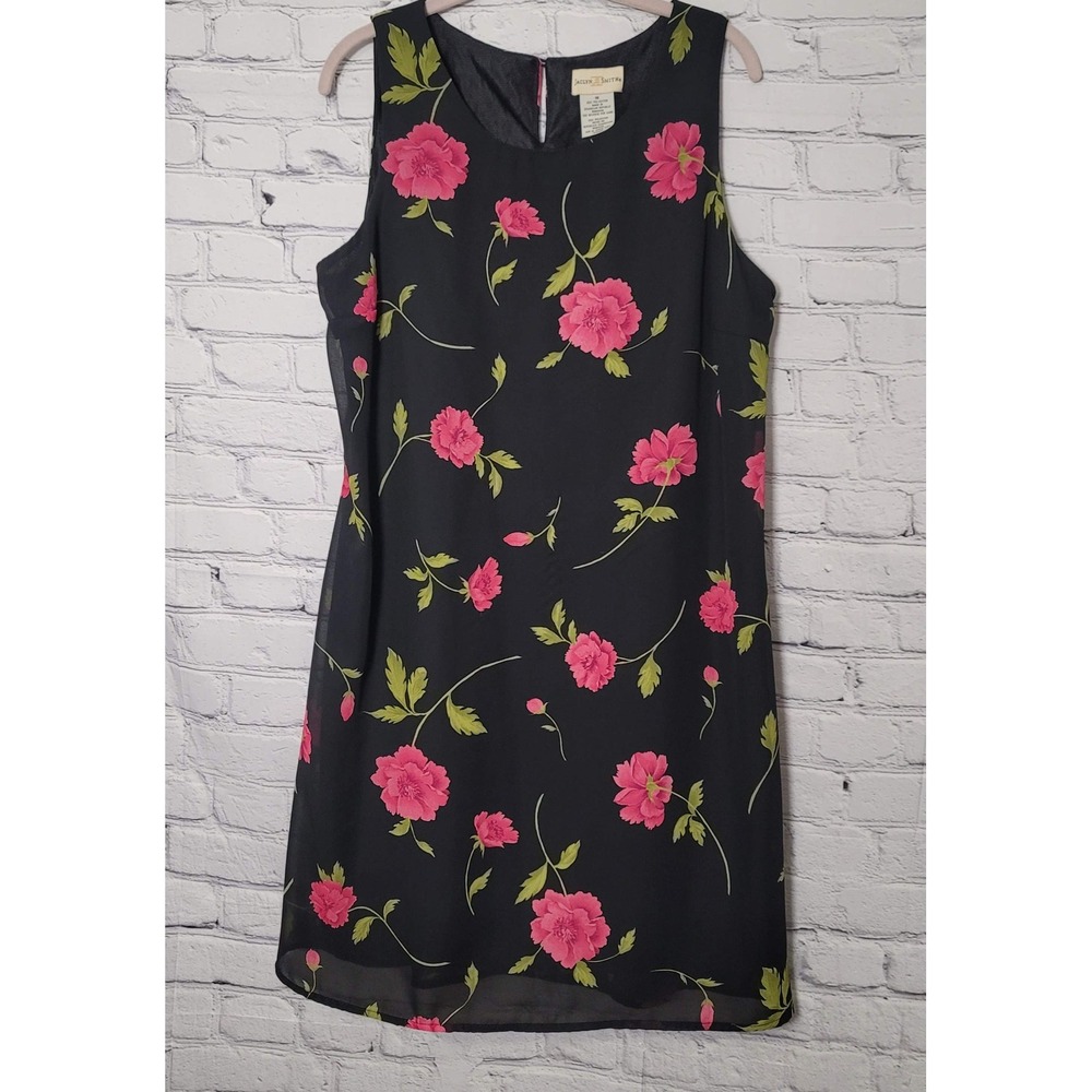 VTG Jaclyn Smith Womens Black Pink Floral Chiffon Sleeveless Shift Dress 16 90's